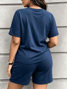 Spring/Summer/Autumn Plus Size Women's Solid Color Short Sleeve Vintage Round Neck T-Shirt & Elastic Waist Drawstring Shorts, Minimalist Sporty Casual Knit 2 Pieces Set, Elegant Relaxed Vacation & Home Wear, PJ-Style Outfit, Suitable For Outdoor, Sports, Workout, Running, Beach, Home And More - Dark Blue 46 - View 4