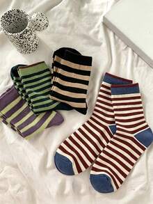 1/4/8 Pairs (Randomly Delivered) Women's Striped Retro Personalized Fashion Simple Elegant Versatile Comfortable Soft Mid-Calf Socks, Suitable For Daily Wear - Multicolor - View 2