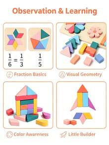 Mainan Puzzle Kayu Multifungsi 2 Bagian, Menggabungkan Pengenalan Hewan, Identifikasi Bentuk, Pencocokan Warna, Penumpukan, dan Membangun Berbagai Cara Bermain. Warna Lembut dan Kaya, Balok Besar Mudah Digenggam, Permukaan Halus. - MultiWarna - View 8