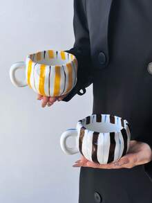 1pc Classic Multicolor Vertical Striped Cup, Cute Handmade Ceramic Coffee Cup, Colorful Striped Coffee Cup For Afternoon Tea - Single Cup - View 7