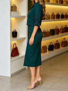 Women's Elegant Solid Color Lapel Blouse & Slit Bodycon Midi Skirt Commuter 2 Pieces Set - Dark Green - View 5