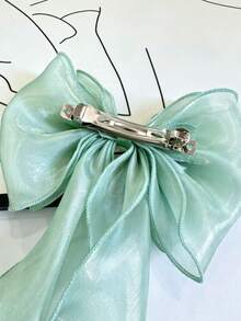 1pc Sweet Pink Princess Tulle Extra Large Bow Wave Ribbon Spring Clip, Elegant Soft Hairpin Hair Accessory For Spring, Claw Clips,Hair Clip,Birthday - Green - View 6