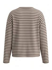 Women's Long Sleeve Striped Pattern Crew Neck Fashion Casual T-Shirt - Khaki - View 9