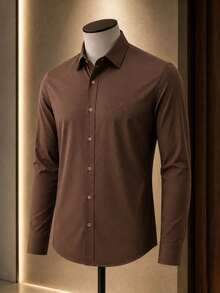 Men's Long Sleeve Spandex Dress Shirt - 鏽棕色 - 查看 3