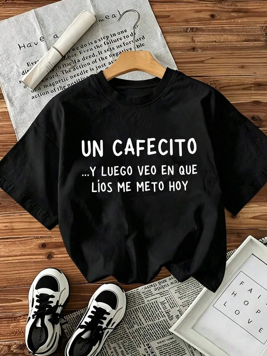 Women's Black Round Neck Short Sleeve T-Shirt, White Slogan Print, Casual Knit Fabric Top, Regular Length Summer Streetwear - Black - View 1