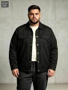 1pc Men's Plus Size Workwear Jacket, Fashionable Versatile Button-Up Long Sleeve Lapel Collar Khaki Outerwear, Suitable For Daily Wear, Men's Jacket - Black - View 2