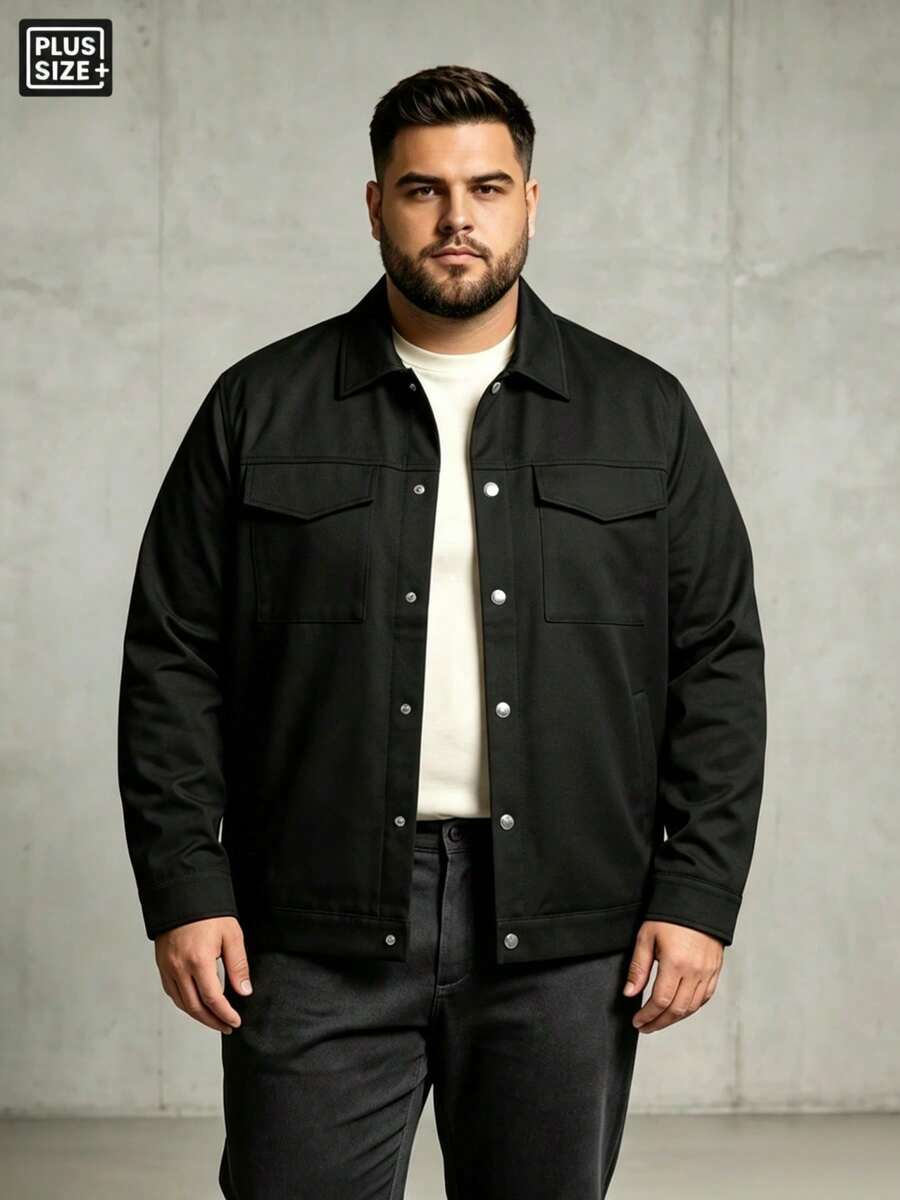 1pc Men's Plus Size Workwear Jacket, Fashionable Versatile Button-Up Long Sleeve Lapel Collar Khaki Outerwear, Suitable For Daily Wear, Men's Jacket