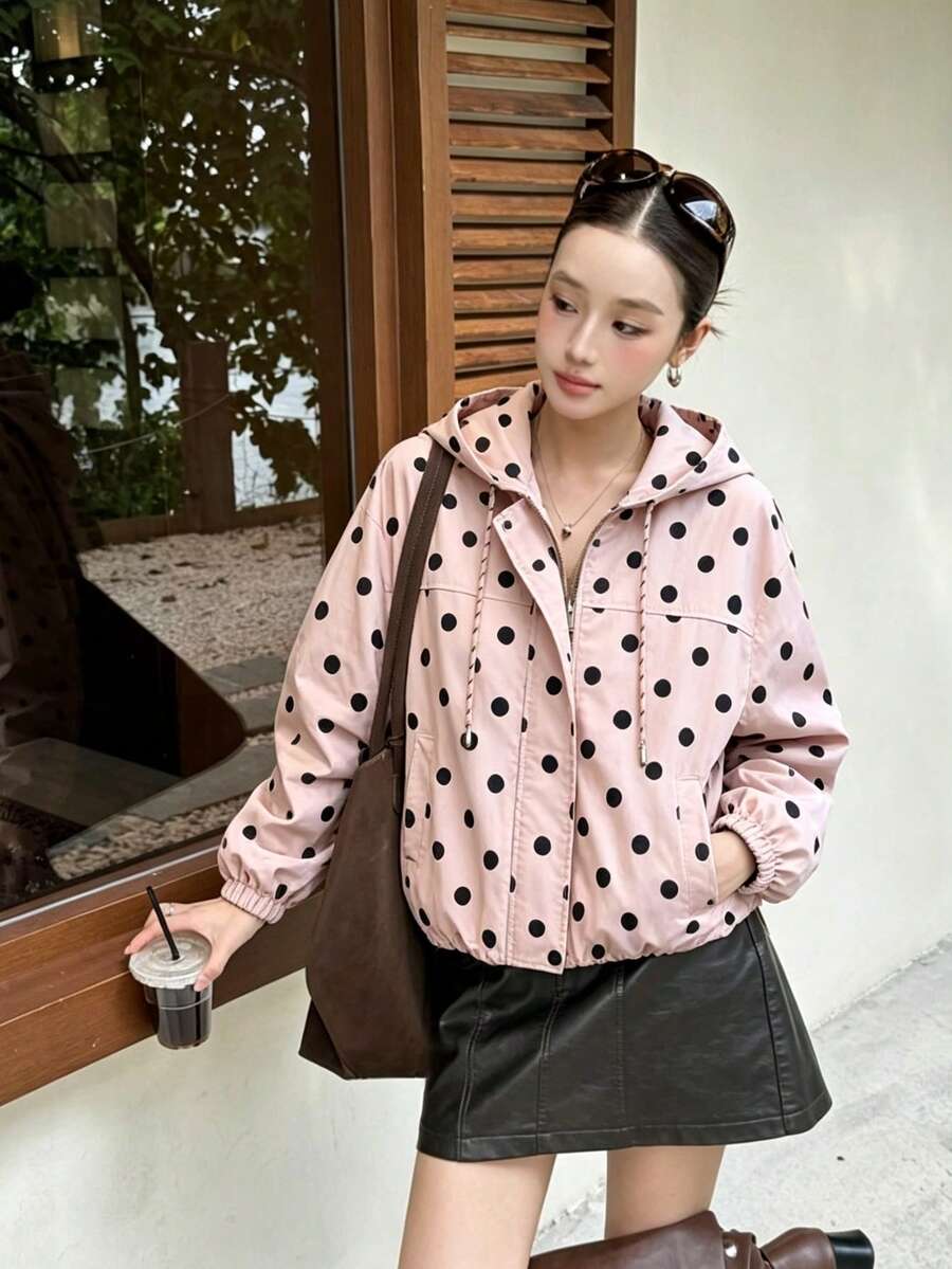 女款超寬鬆休閒波點外套,多功能時尚浪漫通勤風,連帽拉鍊設計,休閒日常街頭度假風 - 彩色 - 查看 1