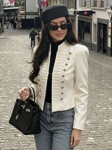 Women's Autumn/Winter Casual Elegant Fashion Glamorous Napoleon Style Gold Button Decor Stand Collar Short Jacket For Party - White - View 5