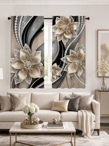 2pcs Luxury Pearl Floral Pattern Printed Curtains, Single-Sided Printing, Semi-Sheer - Rod Pocket Curtains, Bedroom Kitchen Living Room Decor, Multiple Sizes Available, Privacy Protection Machine Washable, Fade-Resistant Curtains, Bedroom Kitchen Living Room Decor (Rod Not Included) - Multicolor - View 9