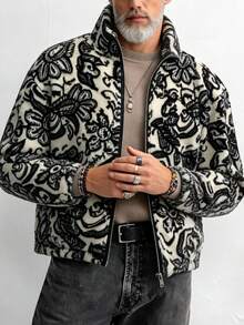 Modcrash Men Retro Print Fleece Jacket, Hooded Zip Up Long Sleeve Coat With Double Pockets, Warm Casual Autumn Winter Outerwear Fall/Autumn/Winter - Apricot - View 7