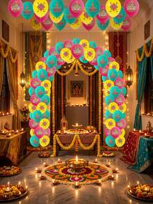 18pcs/Set Diwali Festival Decoration Balloons Set, Printed With Oil Lamp, Lotus, Diwali Patterns, Suitable For Diwali Party Decoration, Diwali Props And Home Decor - Multicolor - View 7