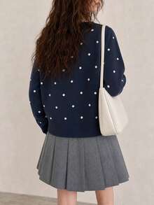 Women's Autumn/Winter Casual Fresh Minimalist Solid Color Round Neck Cardigan Knit Sweater Jacket Fall - Navy Blue - View 2