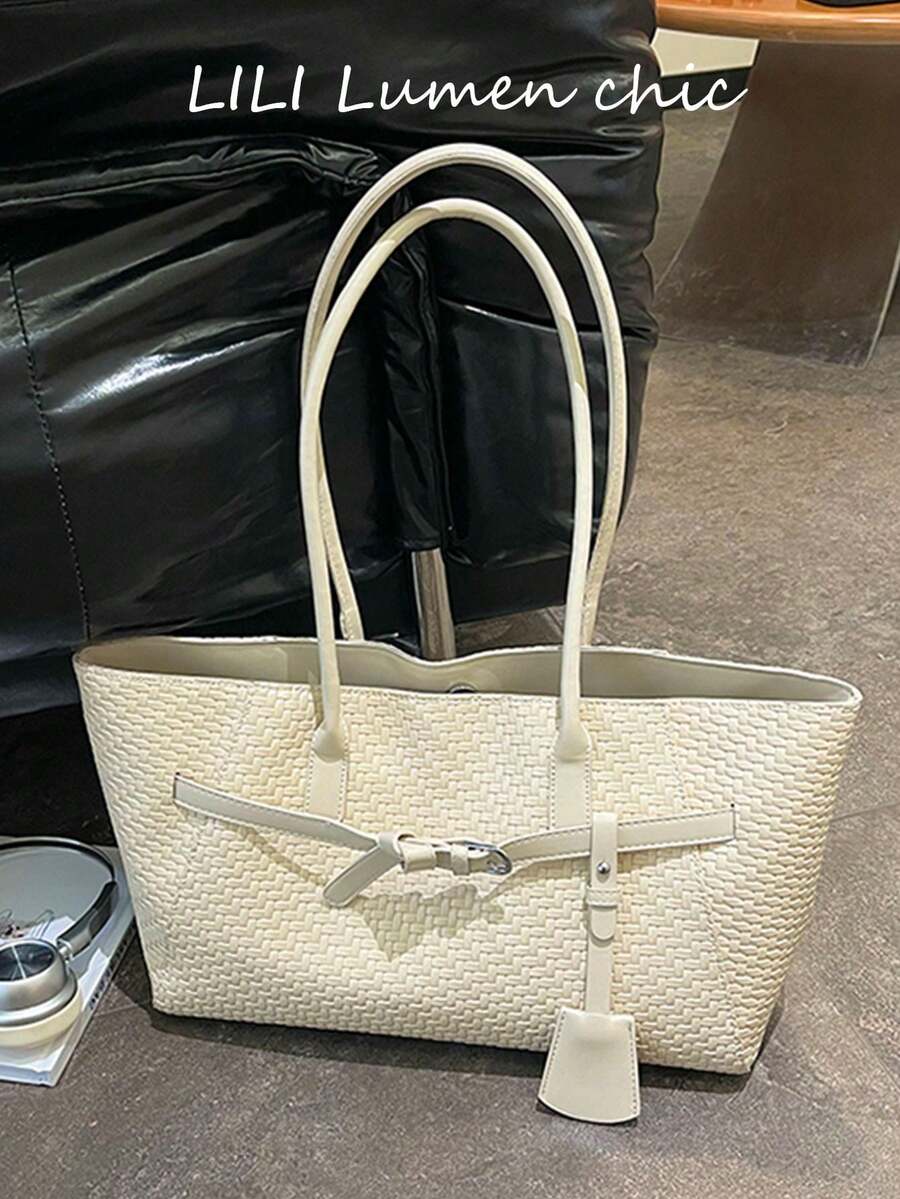 Woven Texture With Metal Hardware Decor, Large Capacity Space For Commuting Laptop, Textbooks And Daily Essentials, Dual Long Handles For Hand-Carry Or Shoulder Use, Magnetic Closure, Simple And Practical For Daily Work, School, Supermarket Shopping, Short Trips, Versatile Casual Shoulder Tote Bag - White - View 1