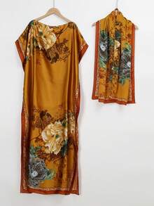 1pc Women's Faux Silk Printed Robe Shawl Set With Small Scarf, Decorative Outerwear For Beach, Sun Protection, Windproof, Daily Wear - S46353-khaki - View 3