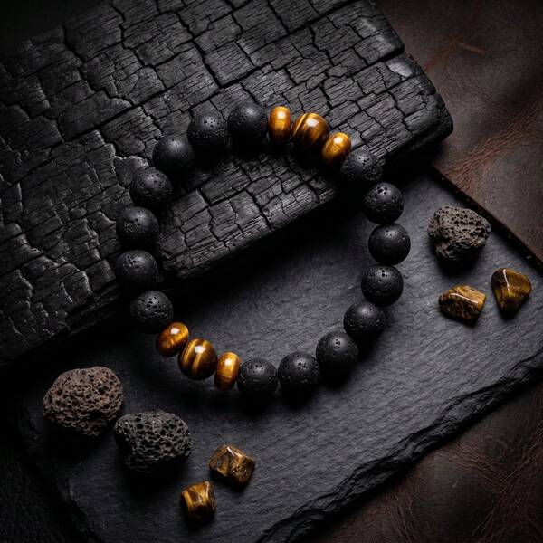 Natural Tiger's Eye Men's Bracelet Vintage Volcanic Stone Fashionable And Versatile Suitable For Daily Wear And Vacation Father's Day Birthday Gift