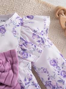 Autumn/Winter Baby Girl Purple Rose Floral Long Sleeve Bodysuit & Ruffle Flutter Sleeve Big Bow Baby Girl 100 Days Celebration Romper With Bow Long Leg Warmers Set - Mauve Purple - View 5