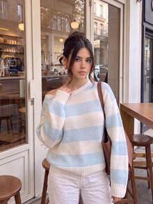 Women Blue White Striped Cold Shoulder Knit Pullover Ribbed Loose Long Sleeve Basic Sweater Autumn Back To School Outfit For Daily Commute Date Wear - Beige - View 6