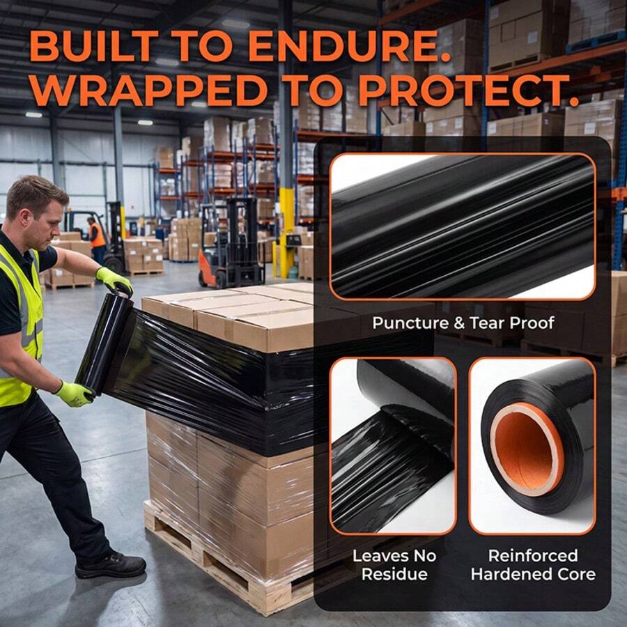 Extra Large Roll High Quality Black Stretch Film, High Toughness Puncture Resistant, Strong Stretchability, High Adhesion, Tight Wrapping Without Loosening, Can Fix Goods To Prevent Scattering And Bumping, Suitable For Industrial Packaging, Moving Packaging And Other Covering Wrapping Film, Waterproof, Dustproof, Stain-Resistant - 50cm*860ft - View 1