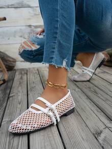[Qishangda] Sandálias Mary Jane Femininas de Bico Redondo com Malha de Fibra Ultrafina Respirável, Sapatos Planos de Moda Plus Size, Sapatilhas de Balé, Cabedal de Malha Trançada - Branco - Visão 5