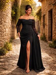 VIPGIRL Elegant Plus Size Black Long Evening Gown With Lace Shoulder Sleeves And Open Back Design, Perfect For Formal Occasions And Balls - Black - View 5