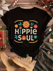 180 G 1 Piece Bold Style |     HIPPIE SOUL T-SHIRT FOR WOMEN - COLORFUL FLORAL WITH PEACE LOGO, CASUAL MANUAL CREW NECK - 黑色 - 查看 1