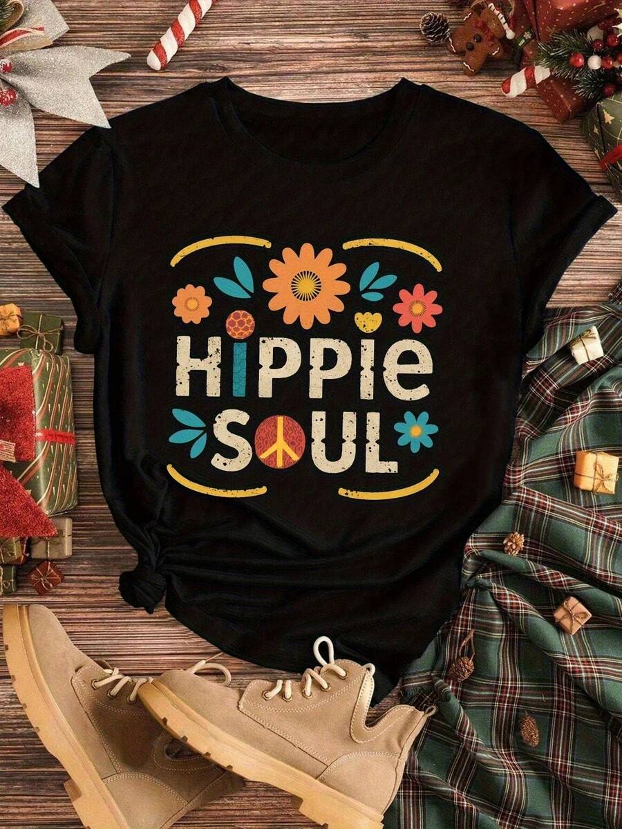 180 G 1 Piece Bold Style | HIPPIE SOUL T-SHIRT FOR WOMEN - COLORFUL FLORAL WITH PEACE LOGO, CASUAL MANUAL CREW NECK - 黑色 - 查看 1