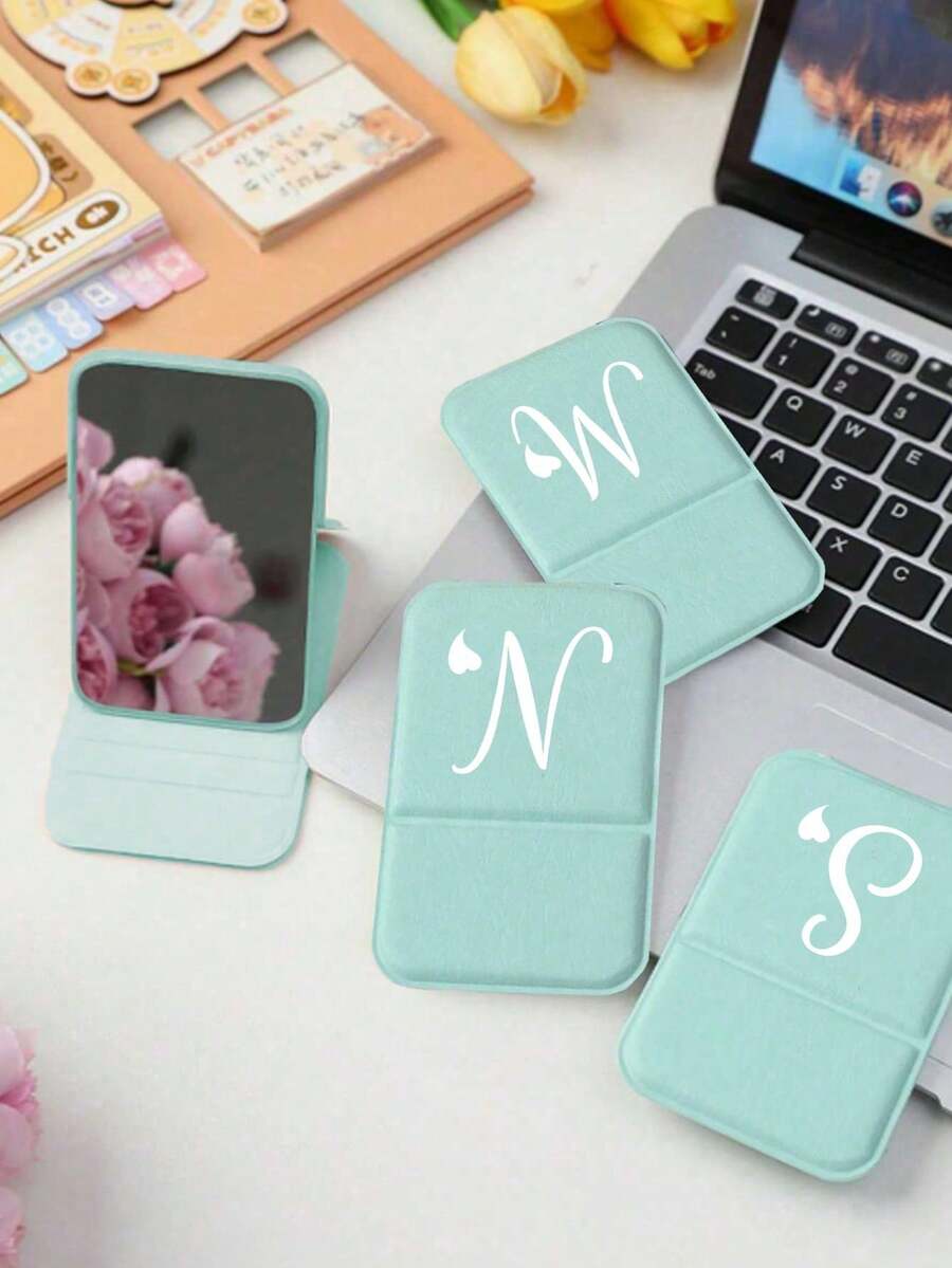 Mini Blue-Green Letter Foldable Portable Makeup Mirror, Printed With Artistic Heart White Initial, Name Initial, With Stand Makeup Mirror, Travel Mirror, Beauty Product, Desktop Makeup Mirror, Rectangular Desktop Compact Makeup Mirror, Foldable Small Minimalist Makeup Mirror, Student Dorm Back To School Mirror, Back To School Gift, Travel Portable Makeup Mirror, Suitable For Women's Gift - Back To School Season, Best Gift For Teachers - Multicolor - View 1