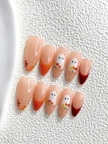 萬聖節主題 10 片裝靈感風格手工穿戴甲 Polygel 凝膠美甲套組，幽靈、橘色指甲油，可愛俏皮風，含美甲工具，3 種尺寸可選，杏仁甲、鴨嘴甲、棺材甲，適合派對、舞會、日常配戴 - 彩色 - 查看 15