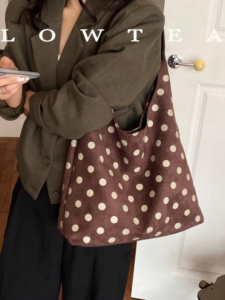 low tea 1pc Solid Color Suede Fabric Portable Magnetic Closure Women's Tote Bag Hobo All-Over Polka Dot Pattern Top Handle Shoulder Wallet And Handbag For Travel, Shopping, Dating, Women's Gift, Work, Business, Commuting - Coffee - View 6