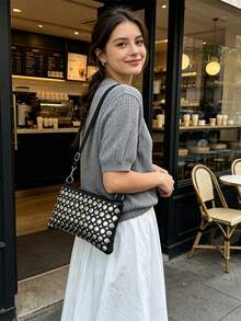 Sweet Cool Wind Underarm Bag Black Small Square Bag Personalized Metal Rivet Decoration Adjustable Shoulder Strap To Wear Commuter Shoulder Bag. - Black - View 2