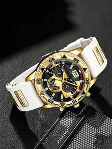 Men 5Pcs Gold Quartz Watch Jewelry Set,Silicone Strap Chronograph Large Dial Watch Cross Necklace Bracelet Ring Hip Hop Daily Gift Set - Set - View 8