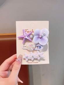 Set 3 buah Jepit Rambut Motif Bintang Laut, Kerang, dan Bunga, Jepit Rambut Samping Motif Bunga Mutiara, Jepit Rambut Poni Manis, Cocok Untuk Wanita - MultiWarna - View 5