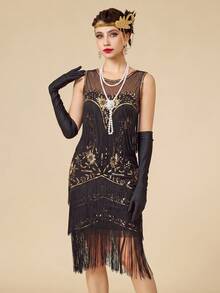 1920年代復古優雅無袖流蘇裝飾女士晚禮服 - 金色 - 查看 4