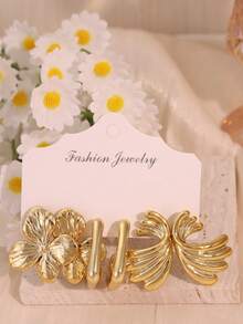 3-9 Pairs Set Vintage Metal Gold Stud Earrings, Asymmetrical Textured Floral C-Hoop Earrings, Versatile Commuter Earring Set - Gold - View 5