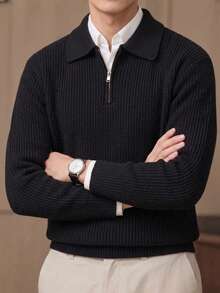 Men's Autumn/Winter Polo Collar Zip-Up Ribbed Polo Shirt, Slim Fit Long Sleeve Suitable For Office And Daily Wear - Black - View 2