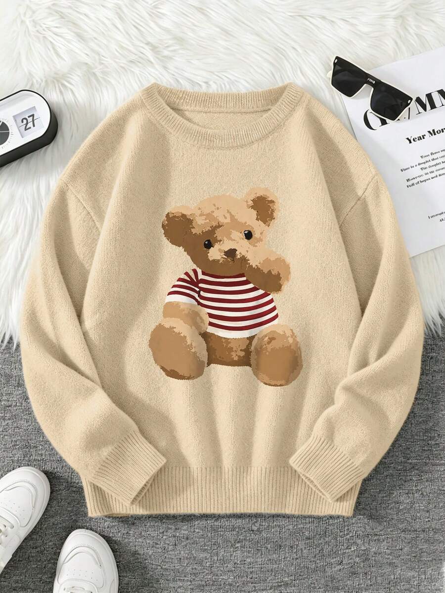 Women's Plus Size Knitted Sweater, Bear Pattern, Long Sleeve Round Neck Regular Fit, Ideal Choice For Autumn Outfit - Apricot - View 1