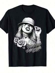 Camiseta con diseño de tatuaje estilo, unisex, suave, adecuada para todas las estaciones, ropa casual de calle, estilo básico versátil - Negro - Ver 11