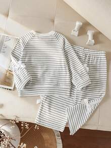2pcs/Set Baby Girl Minimalist Casual Classic Round Neck Raglan Long Sleeve Top With Delicate White Satin Bow Accents On Cuffs And Hem, Long Pants Set, Lightweight For Spring/Autumn, Suitable For Daily Wear And Home - Light Grey - View 2