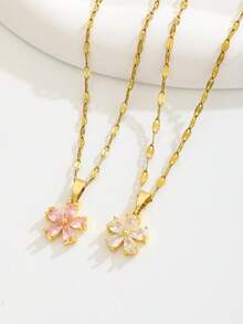 1pc Flower Pendant Necklace Gold Tone Sparkling Zirconia Chain For Girls Sweet Daily Wear Back To School Party Holiday Gift Fashion Jewelry Cute - Gold - View 2
