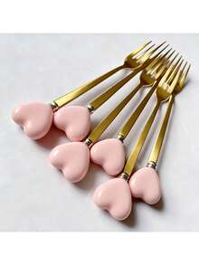 1/2/6/12pcs Ceramic Handle Stainless Steel Cutlery Set, Gold Fork & Spoon, Coffee Spoon, Ice Cream Dessert Spoon, Fruit Salad Fork, Creative Red Heart, Cute Stirring Seasoning Spoon, Party Afternoon Tea Tableware - Multicolor - View 21