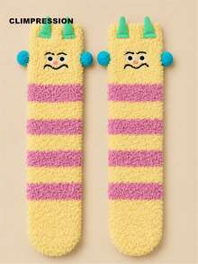 CLIMPRESSION Women's Cute 3D Floppy Ear Plush Mid-Calf Socks, Soft Coral Fleece Striped Home Socks, Warm Cartoon Winter Sleep Socks - Pink - View 8