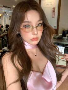 1 Pasang Kacamata Wanita Fashion Seksi Mewah Warna Champagne Tanpa Bingkai Model Mata Kucing dari Logam - Sampanye - View 3
