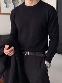 Men's Solid Color Crew Neck Knit Undershirt, Featuring Ribbed Cuffs And Hem Design, Long Sleeve Suitable For Office Layering And Daily Wear - Black - View 4