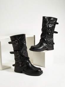 Women's Square Toe Coffee Brown Slip-On Western Style Buckle Mid-Calf Work Boots - Black - View 1