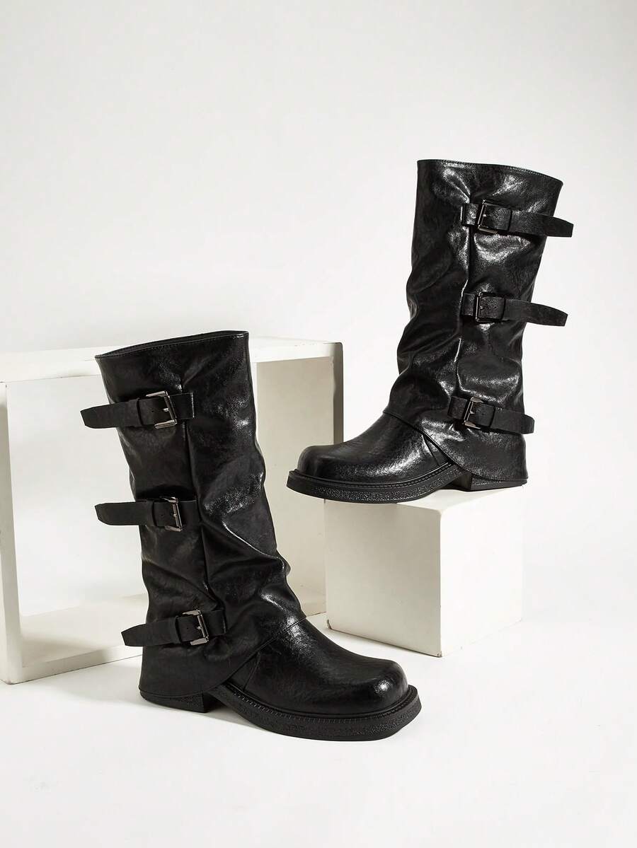 Women's Square Toe Coffee Brown Slip-On Western Style Buckle Mid-Calf Work Boots - Black - View 1