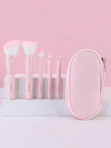 Set de 5 piezas de brochas de maquillaje con estuche, brochas para base, sombras de ojos, rubor, con diseño lindo de conejo, esenciales portátiles de viaje - Multicolor - Ver 6