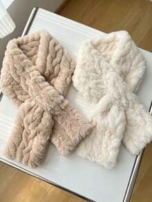 1pc Twisted Faux Rabbit Fur Scarf, Soft Fluffy Plush Cross Neck Warmer, Casual Warm Scarf, Suitable For Autumn/Winter Outdoor - Multicolor - View 1