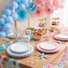 10/20/40Pcs,Scalloped Edge Disposable Paper Plates,White Base With Light Blue / Pink Wavy Scallop Rim,7in & 9in Simple Solid‑Color Cream Style Party Plates,Ideal For Gender Reveal Party,BabyShower,Birthday Party,Afternoon Tea & Dessert Table Decor - Blue + Pink - View 3