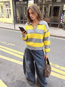 Suéter de punto para mujer, top de manga larga con cuello polo a rayas estilo preppy vintage, atuendo de otoño, ropa casual de calle, moda de oficina. Otoño - Amarillo + Gris - Ver 8